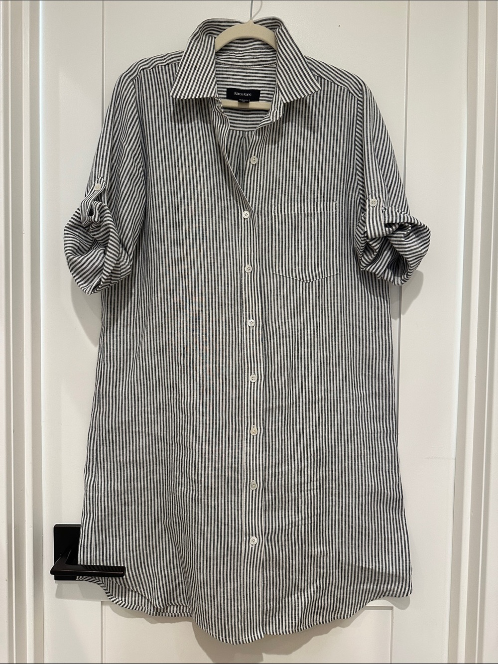 Karen Kane Linen Black & White Striped Women’s Button-Up Shirt Dress - M